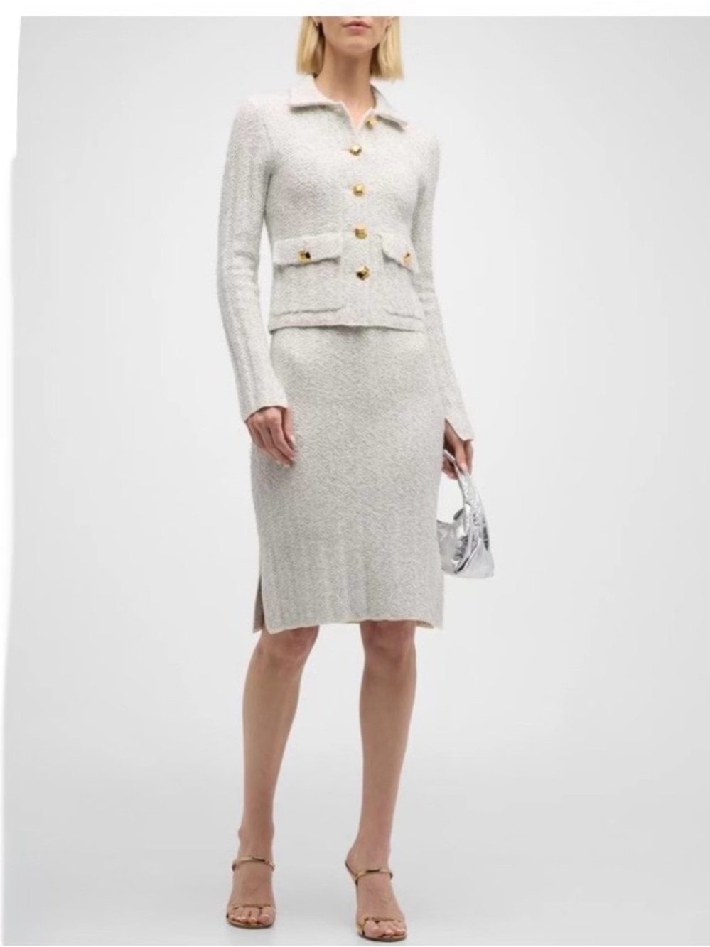 St. John’s American luxury. Textured Slub Chevron Knit Suit w Side-Slit Skirt.